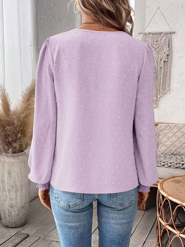 Loose Puff Sleeves Elasticity Hollow Jacquard Solid Color Split-Joint V-Neck Blouses&Shirts Tops