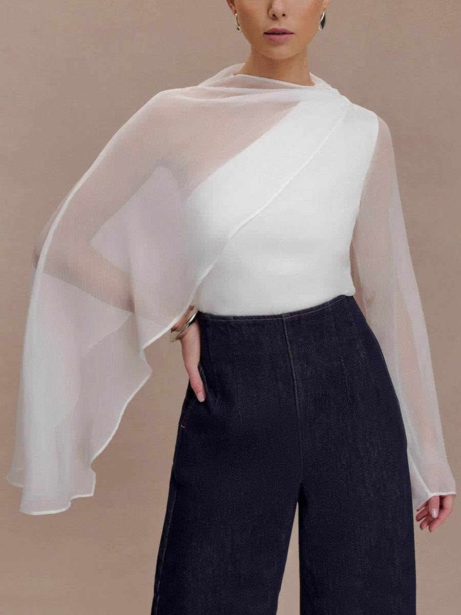 Cape Wrap Asymmetric See-Through Solid Color Split-Joint Round-Neck Blouses&Shirts Tops
