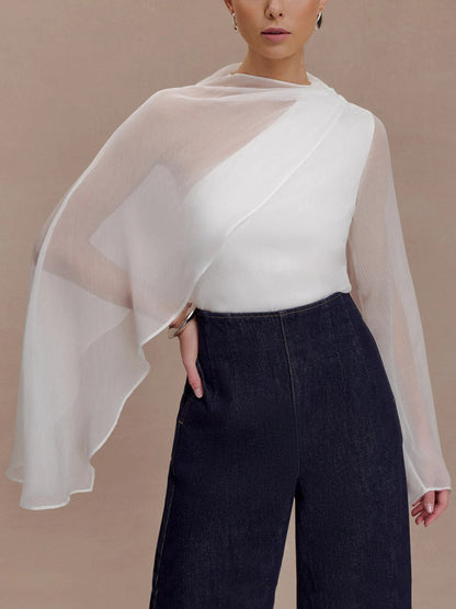 Cape Wrap Asymmetric See-Through Solid Color Split-Joint Round-Neck Blouses&Shirts Tops