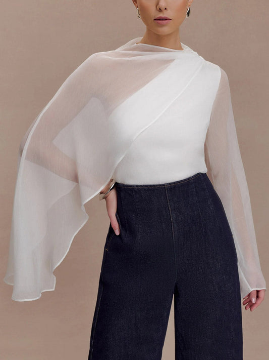 Cape Wrap Asymmetric See-Through Solid Color Split-Joint Round-Neck Blouses&Shirts Tops