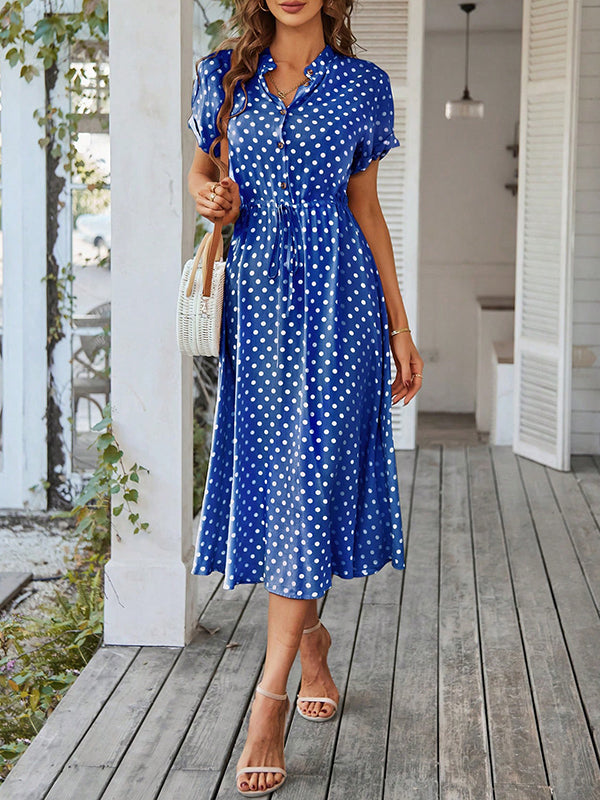 A-Line High Waisted Buttoned Drawstring Polka-Dot V-Neck Midi Dresses