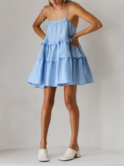 A-Line High Waisted Backless Layered Pleated Solid Color Spaghetti-Neck Mini Dresses