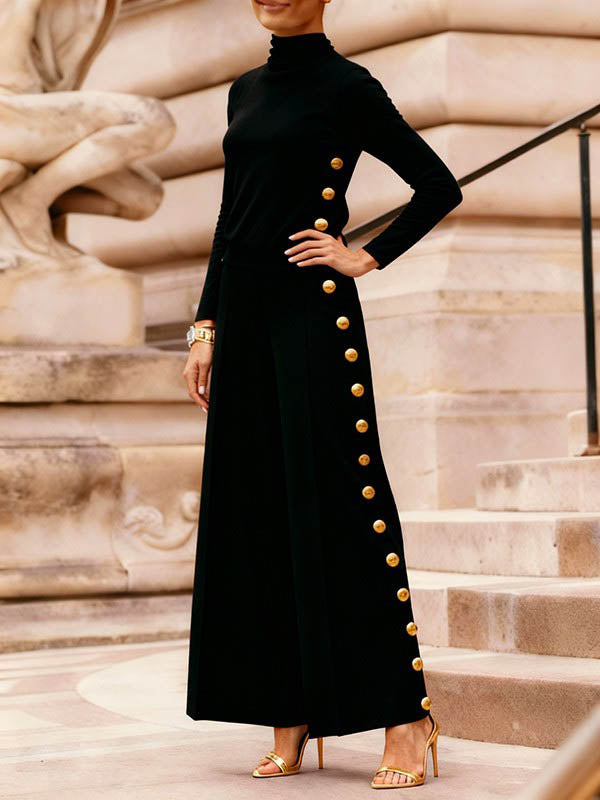 Long Sleeves Skinny Buttoned Contrast Color Ribbed Knit Split-Joint High Neck Blouses&Shirts Tops