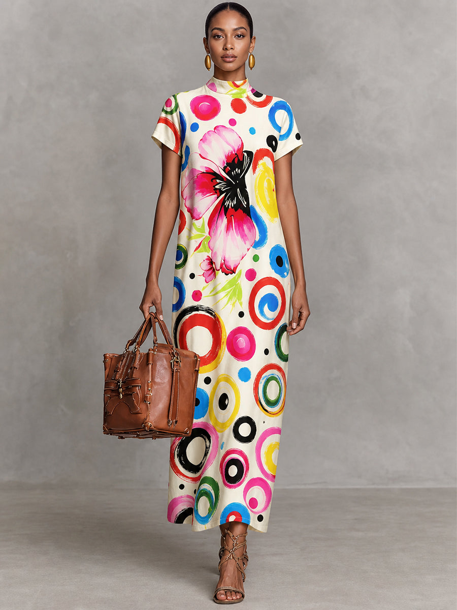 Zipper Polka-Dot Flower Print Contrast Color Short Sleeves Loose Mock Neck Maxi Dresses