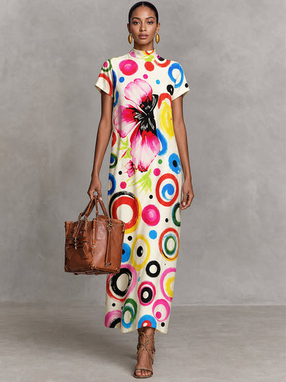 Zipper Polka-Dot Flower Print Contrast Color Short Sleeves Loose Mock Neck Maxi Dresses