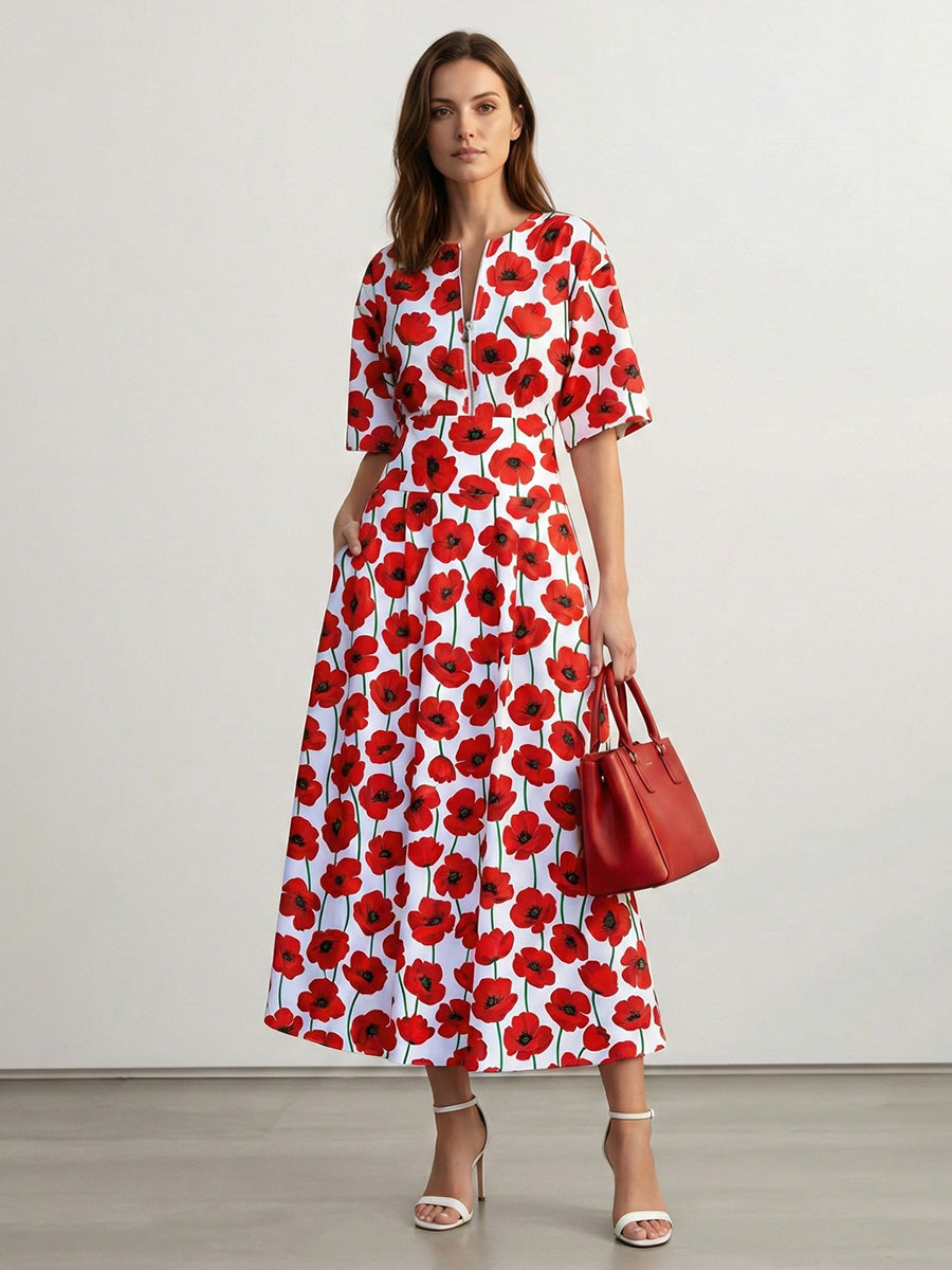 A-Line Elasticated Waist Contrast Color Flower Print Pockets Split-Joint Zipper Round-Neck Midi Dresses