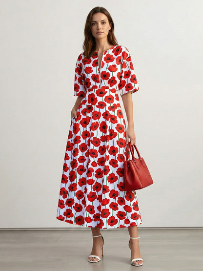 A-Line Elasticated Waist Contrast Color Flower Print Pockets Split-Joint Zipper Round-Neck Midi Dresses