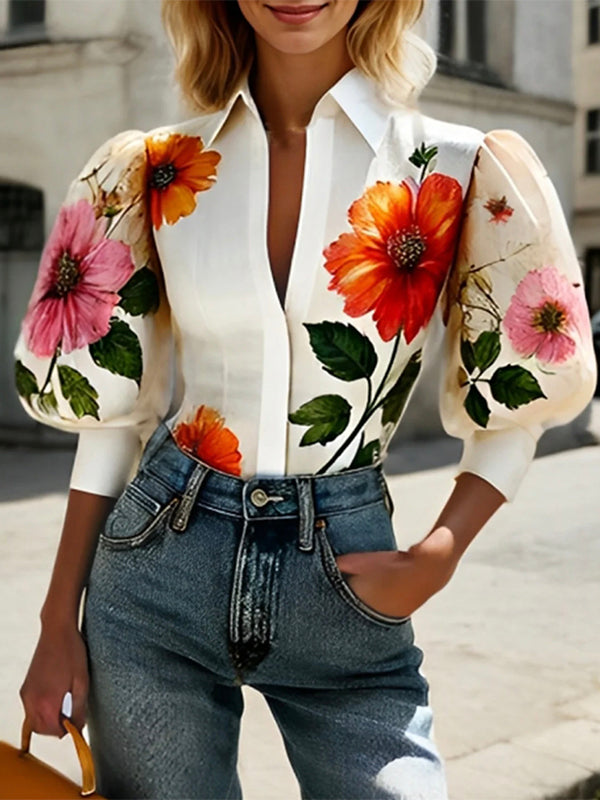 Puff Sleeves Asymmetric Floral Printed Split-Joint Lapel Blouses&Shirts Tops