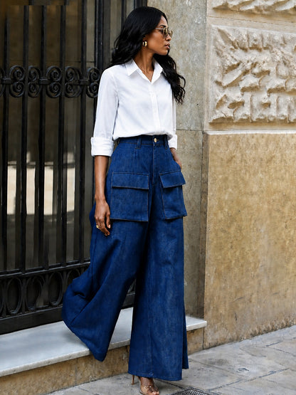 Zipper Solid Color Pockets Buttoned Wide Leg High Waisted Trousers Pants