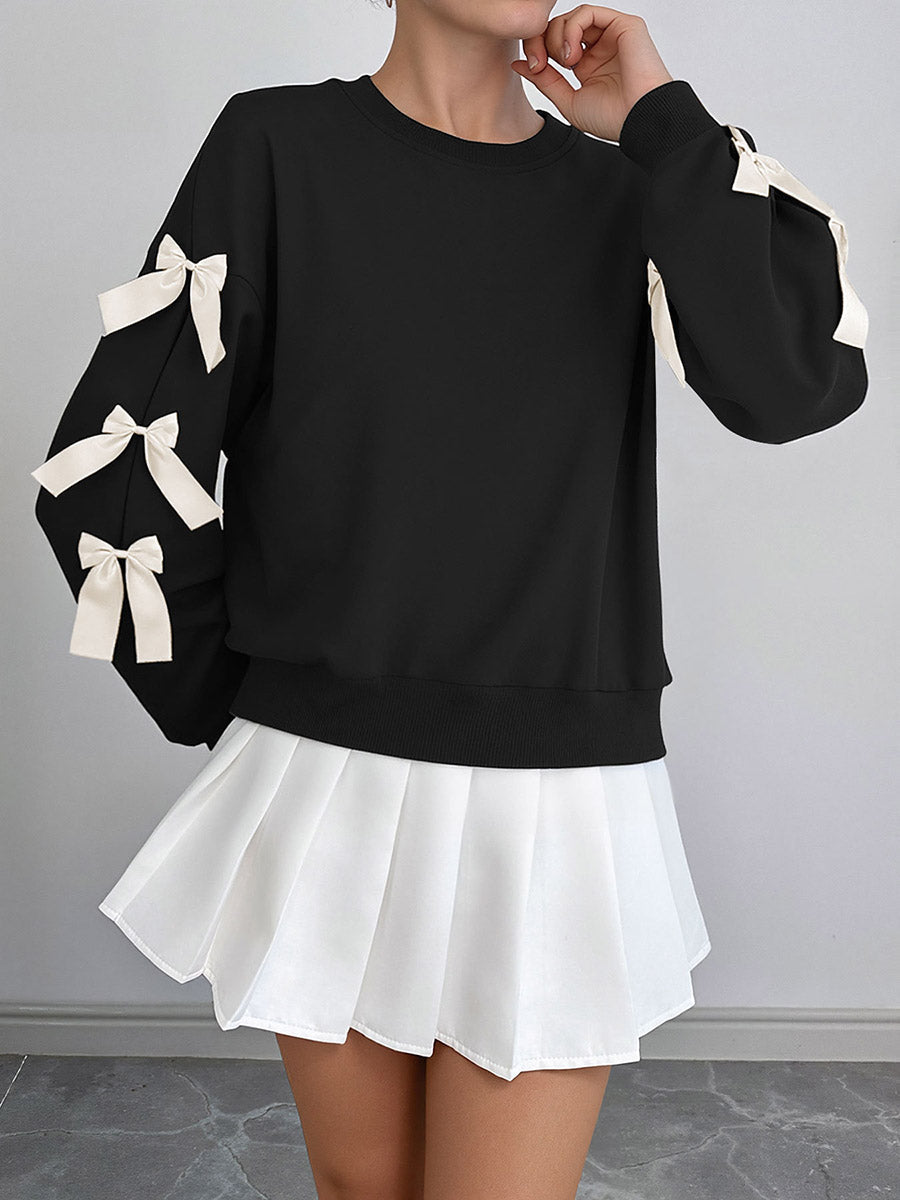 Split-Joint Contrast Color Bow-Embellished Loose Long Sleeves Round-Neck Sweatshirt Tops