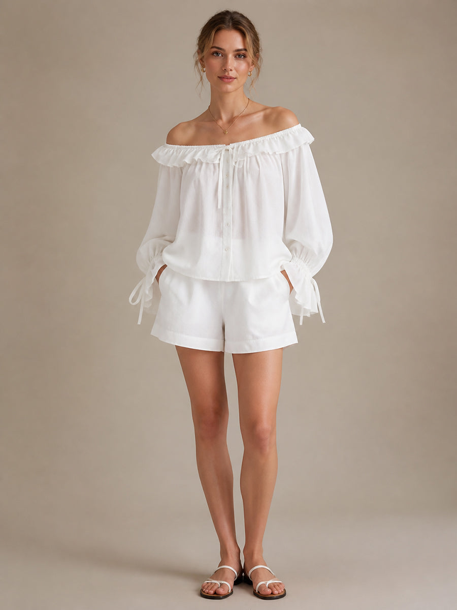 Solid Color See-Through Ruffle Trim Elasticity Drawstring Buttoned Loose Long Sleeves Off-the-shoulder Blouses&shirts Tops