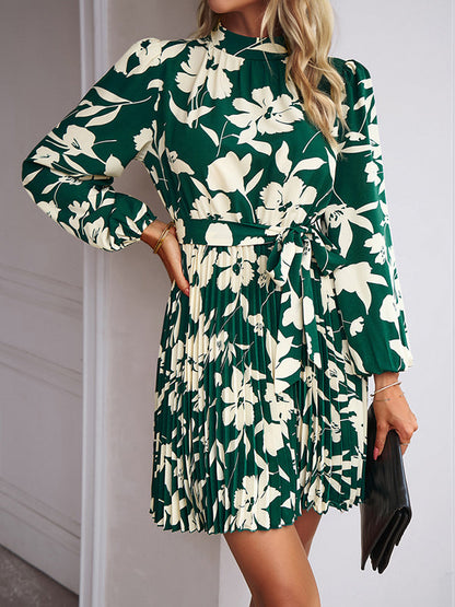 High Waisted Long Sleeves Flower Print Pleated Tied Waist Mock Neck Mini Dresses