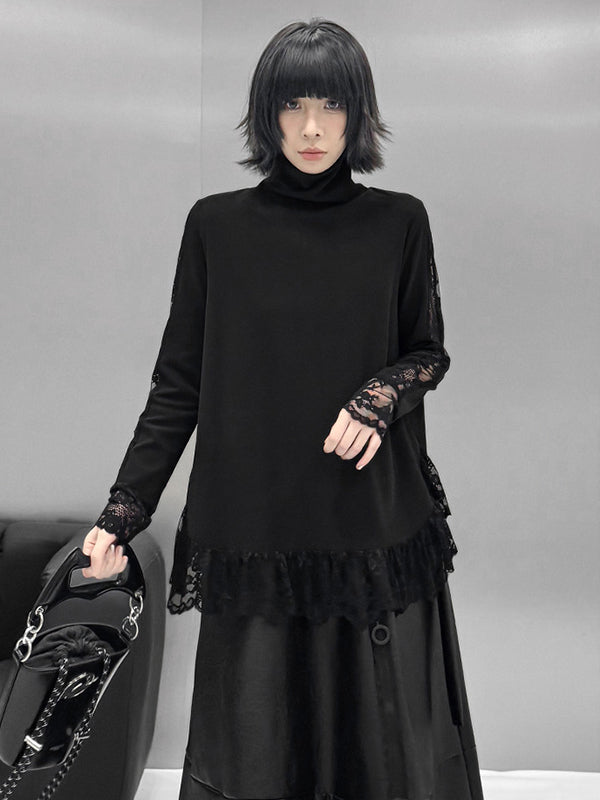 Hipster Long Sleeves See-Through Split-Joint High Neck T-Shirts Tops