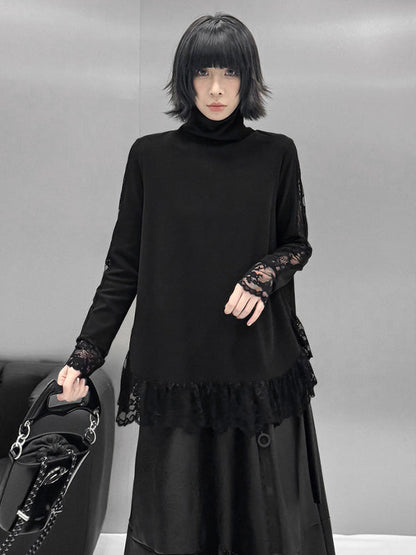 Hipster Long Sleeves See-Through Split-Joint High Neck T-Shirts Tops