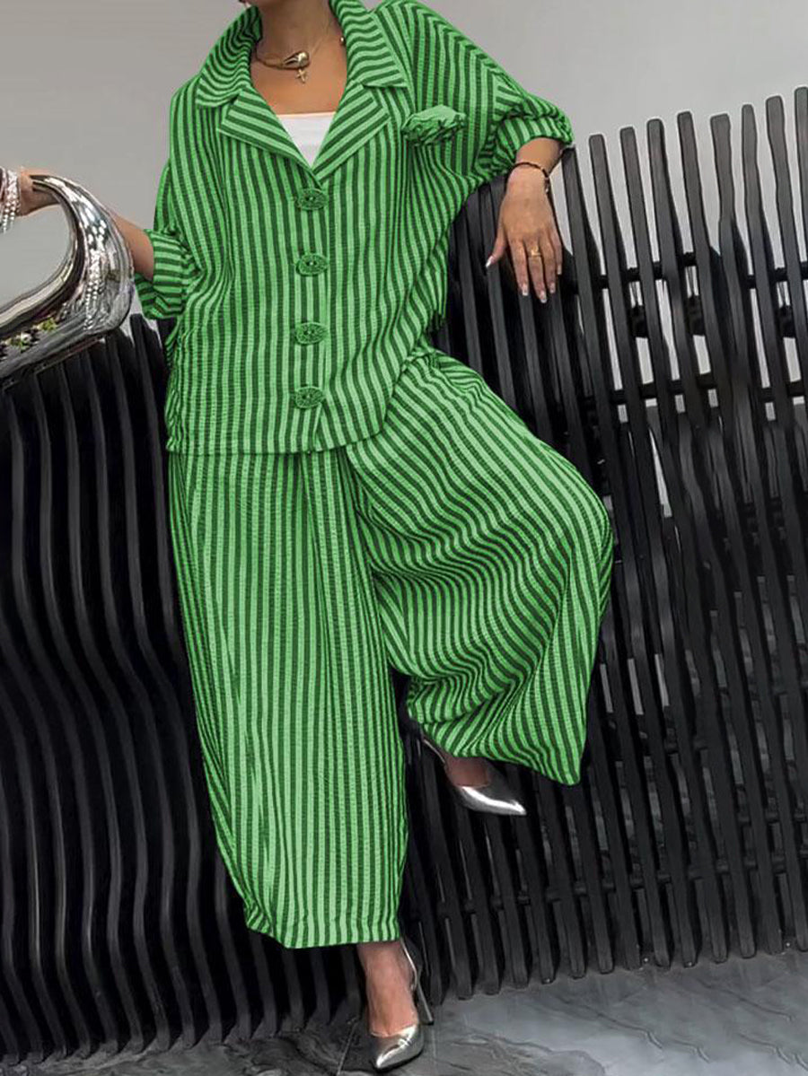 Long Sleeves Loose Buttoned Contrast Color Striped Notched Collar Two Pieces Set