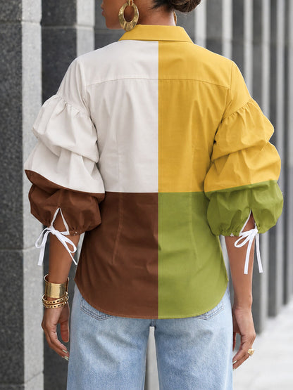 Tied Split-Joint Elasticity Contrast Color Buttoned Three-quarter Sleeves Puff Sleeves Lapel Blouses&shirts Tops