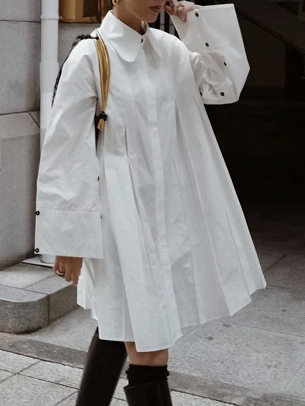 Long Sleeves Buttoned Pleated Solid Color Lapel Midi Dresses Shirt Dress