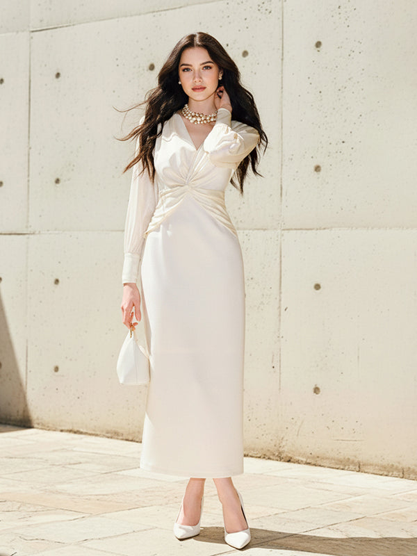 Bodycon Elasticated Waist Solid Color Twist V-Neck Maxi Dresses