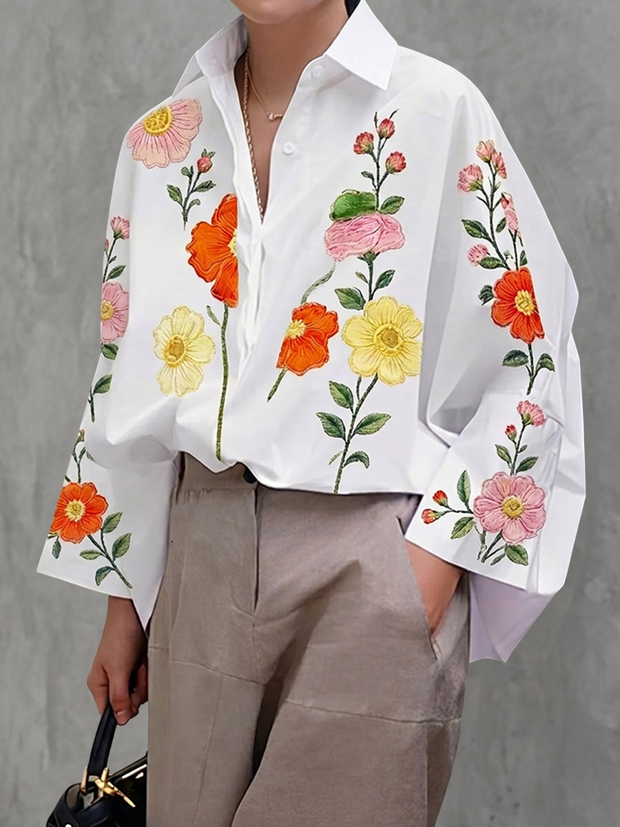 Long Sleeves Loose Buttoned Contrast Color Flower Print Lapel Blouses&Shirts Tops