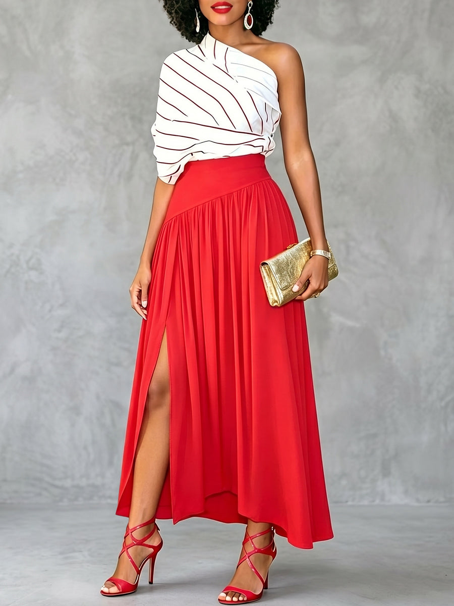 Irregularity Short Sleeves Asymmetric Striped One-Shoulder Blouses&Shirts Tops