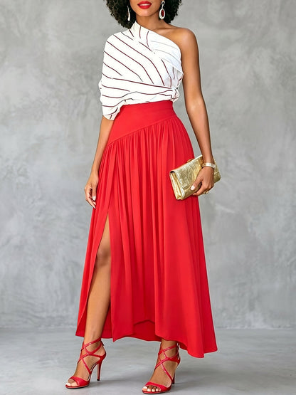 Irregularity Short Sleeves Asymmetric Striped One-Shoulder Blouses&Shirts Tops