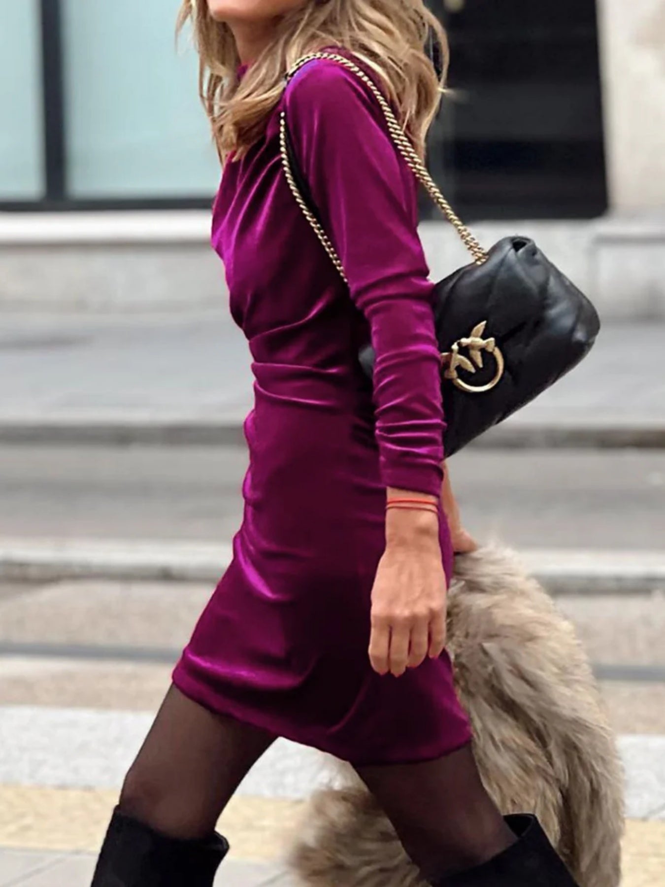 Wrap Solid Color Zipper Stand Collar Mini Dresses