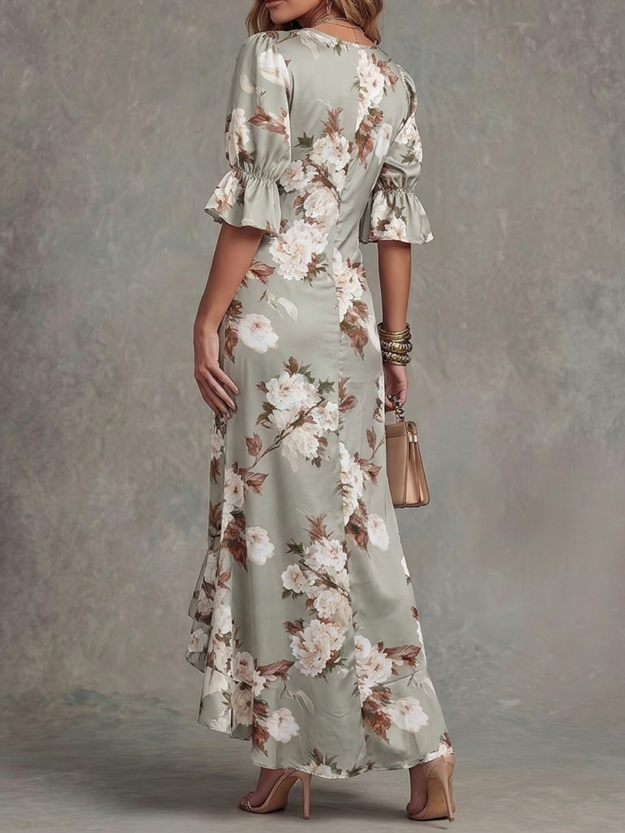 Half Sleeves High-Low Elasticity Flower Print Ruched Ruffle Trim Split-Front Deep V-Neck Maxi Dresses