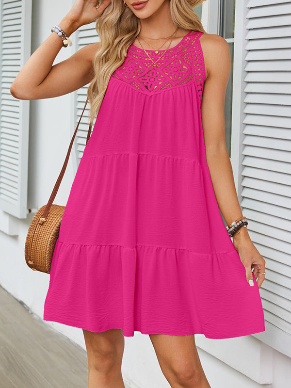 A-Linie Locker Hohl Plissee Einfarbig Split-Joint Rundhals Minikleider 