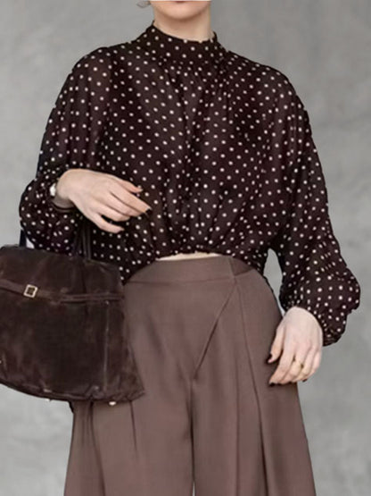 Polka-Dot Elasticity Contrast Color Loose Long Sleeves Mock Neck Blouses&shirts Tops