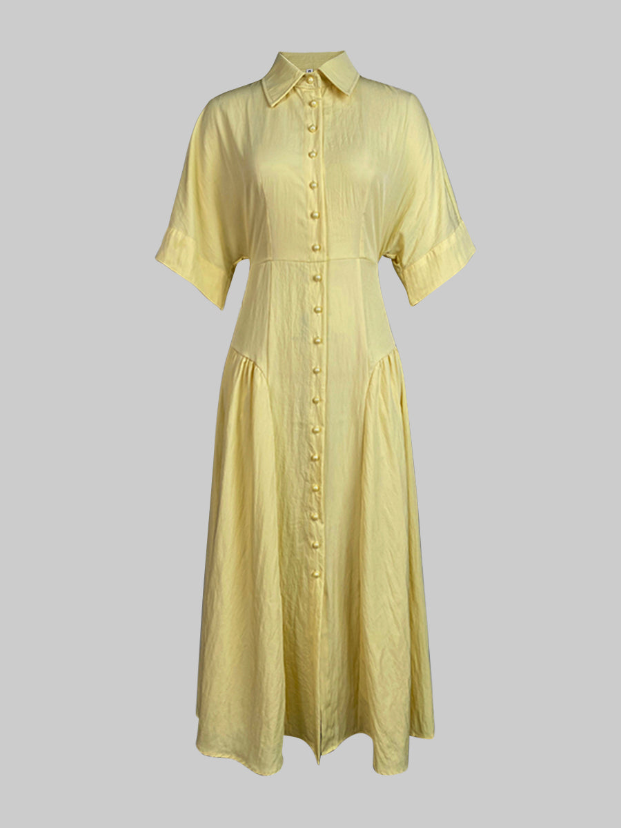 Loose Short Sleeves Buttoned Pleated Solid Color Lapel Collar Midi Dresses Shirt Dress
