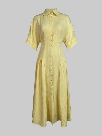 Loose Short Sleeves Buttoned Pleated Solid Color Lapel Collar Midi Dresses Shirt Dress