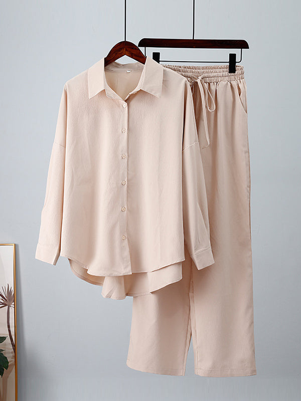 Solid Color High-Low Long Sleeves Lapel Blouses + Drawstring Pants Two Pieces Set