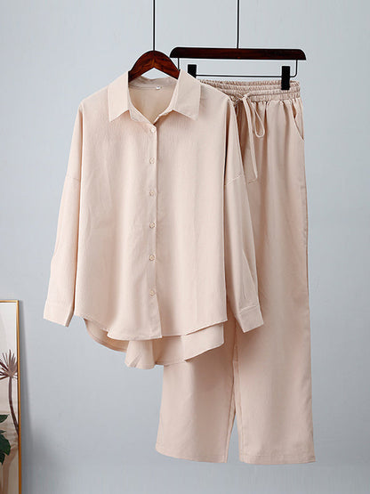 Solid Color High-Low Long Sleeves Lapel Blouses + Drawstring Pants Two Pieces Set