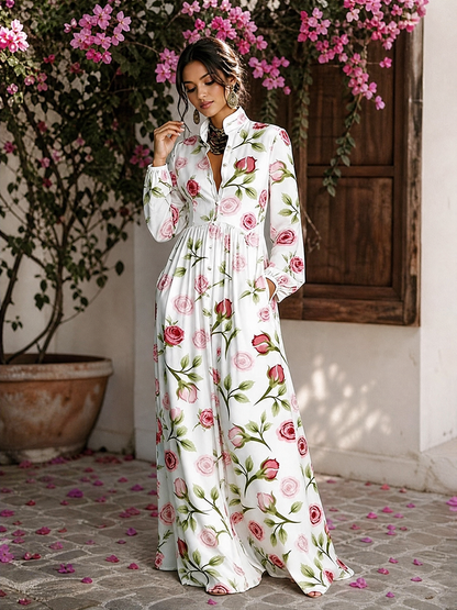 Split-Joint Pockets Pleated Flower Print Contrast Color Buttoned Plus Size Loose Stand Collar Maxi Dresses