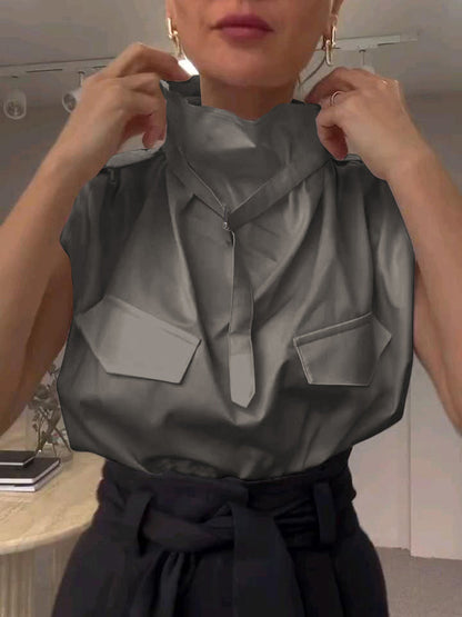 Chemisiers et chemises amples sans manches à col montant et boucle de couleur unie 