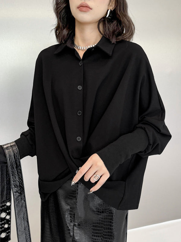 Hipster Irregularity Buttoned Solid Color Twist Lapel Collar Blouses&Shirts Tops