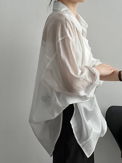 Irregular Clipping Long Sleeves Solid Color Lapel Blouses&Shirts Tops
