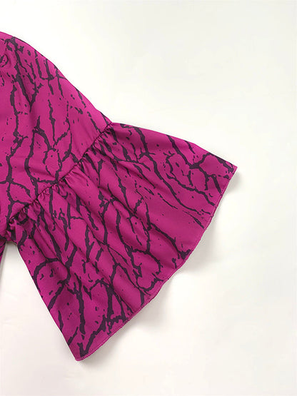 Robes longues à manches évasées, manches mi-longues, asymétriques, plissées, imprimées, à volants, col rond 