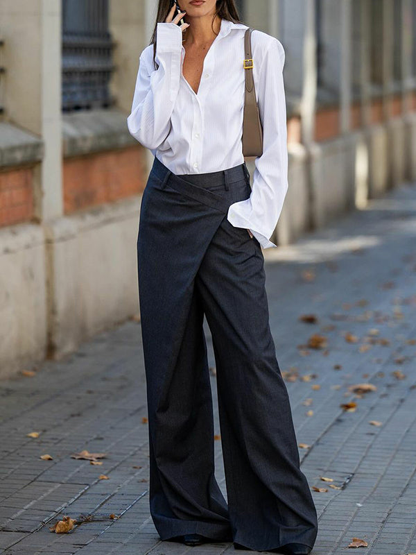 Pantalon de costume taille haute ample asymétrique de couleur unie à fentes 