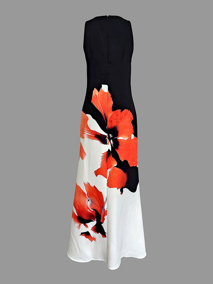 Skinny Sleeveless Flower Print Round-Neck Maxi Dresses