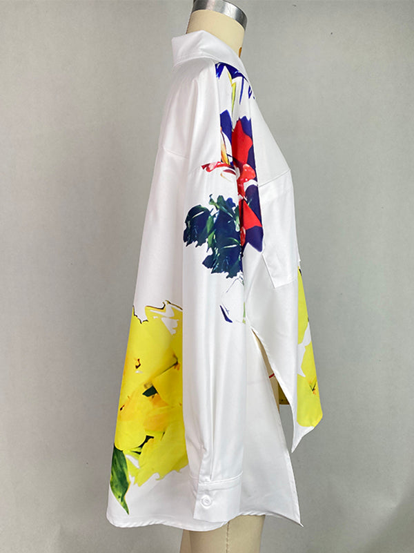 Chemisiers et chemises à manches longues, boutonnés, imprimés de fleurs, poches, col montant fendu sur le côté 