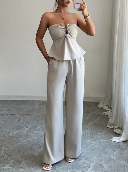 Solid Color Pleated Buttoned Ruffled Tube Blouses&Shirts Tops + High Waisted Zipper Column Pants Trousers Two Pieces Set