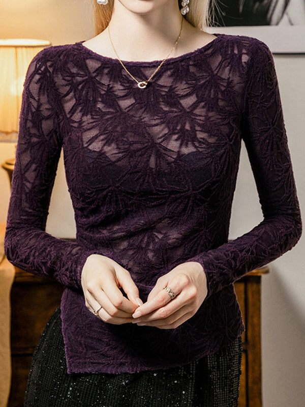 Long Sleeves Plus Size Hollow See-Through Solid Color Split-Side Round-Neck T-Shirts Tops