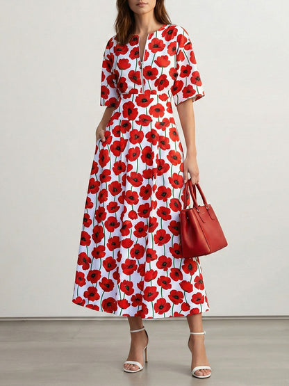 A-Line Elasticated Waist Contrast Color Flower Print Pockets Split-Joint Zipper Round-Neck Midi Dresses
