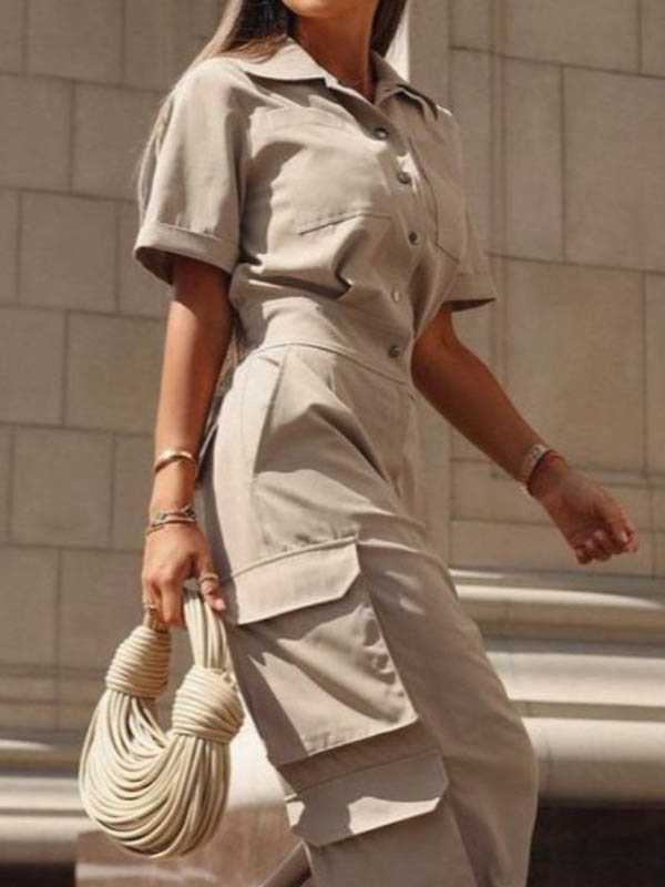 Loose Short Sleeves Buttoned Pockets Solid Color Lapel Jumpsuits