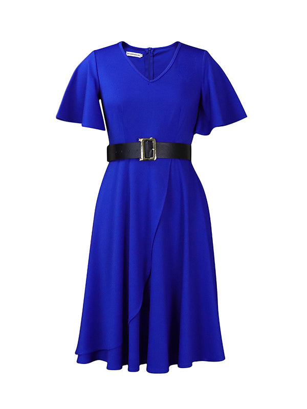 Irregular Clipping Plus Size Belted Solid Color Round-Neck Midi Dresses