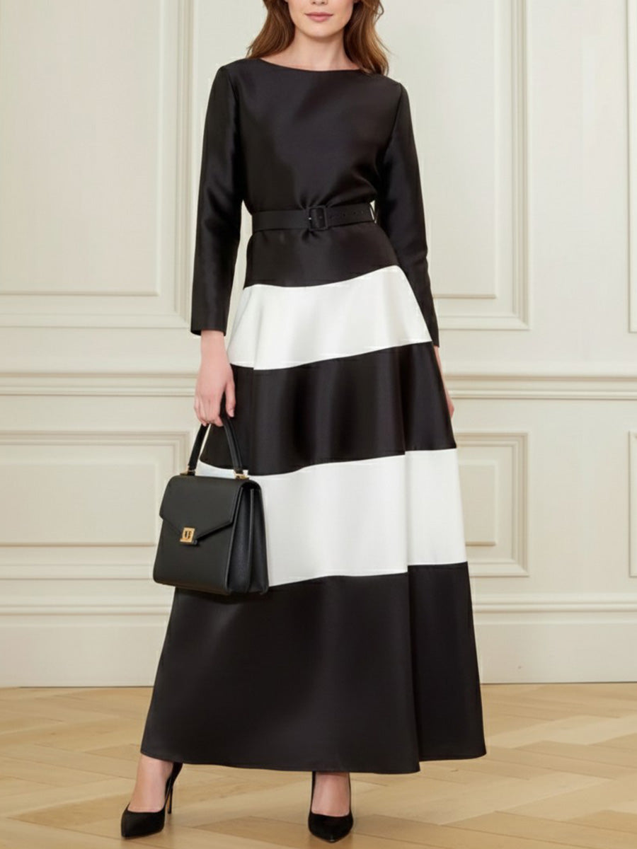 A-Line Bodycon Belted Contrast Color Split-Joint Round-Neck Maxi Dresses
