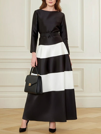 A-Line Bodycon Belted Contrast Color Split-Joint Round-Neck Maxi Dresses