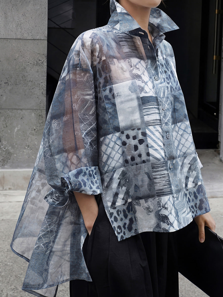 Split-Joint See-Through Printed Contrast Color Buttoned Loose Long Sleeves Lapel Blouses&Shirts Tops