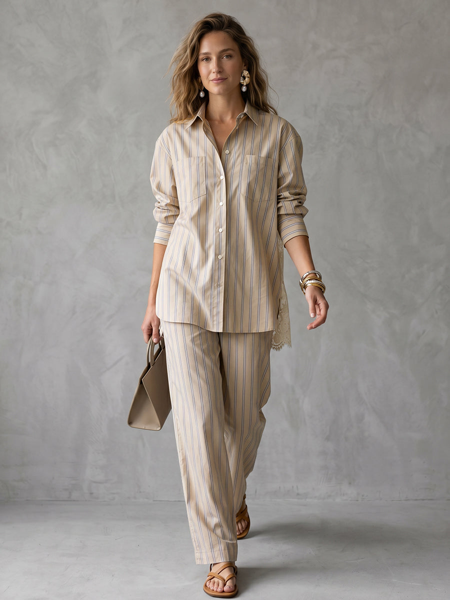 High-Low Long Sleeves Buttoned Pockets See-Through Split-Joint Striped Lapel Blouses&Shirts Tops